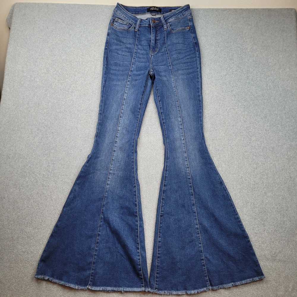 Judy Blue Super Flare Womens 3x33 Blue High Rise Seam Detail Raw Hem Jeans